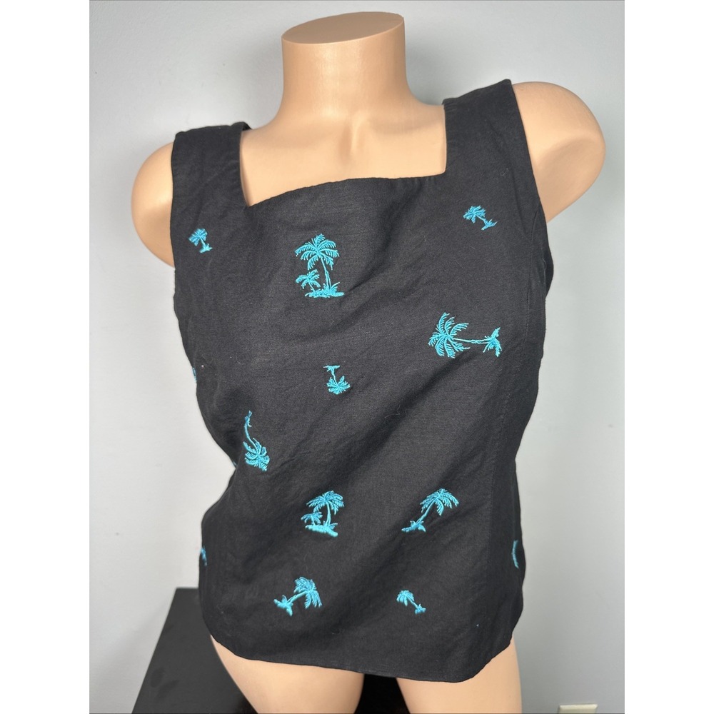 Annie Alexander Size 10 Shell Tank Top Black Linen Tropical Embroidered Linen